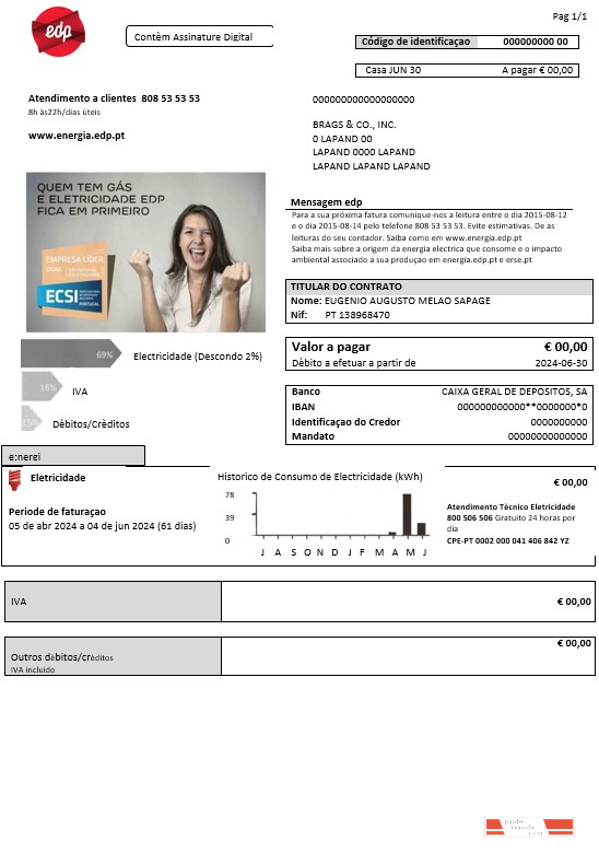 Portugal EDP electricity business utility bill template in Word and PDF formats